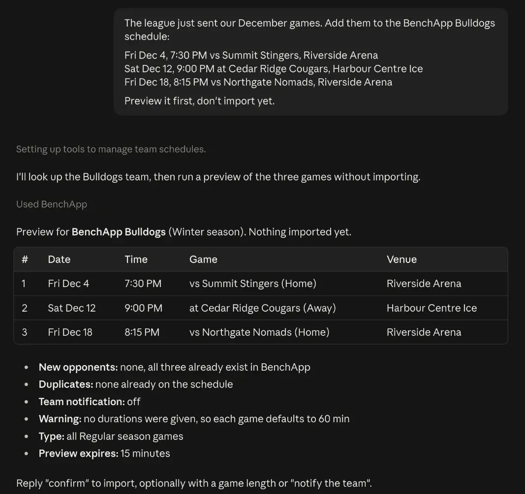 Claude previewing three December games for the BenchApp Bulldogs schedule before importing them
