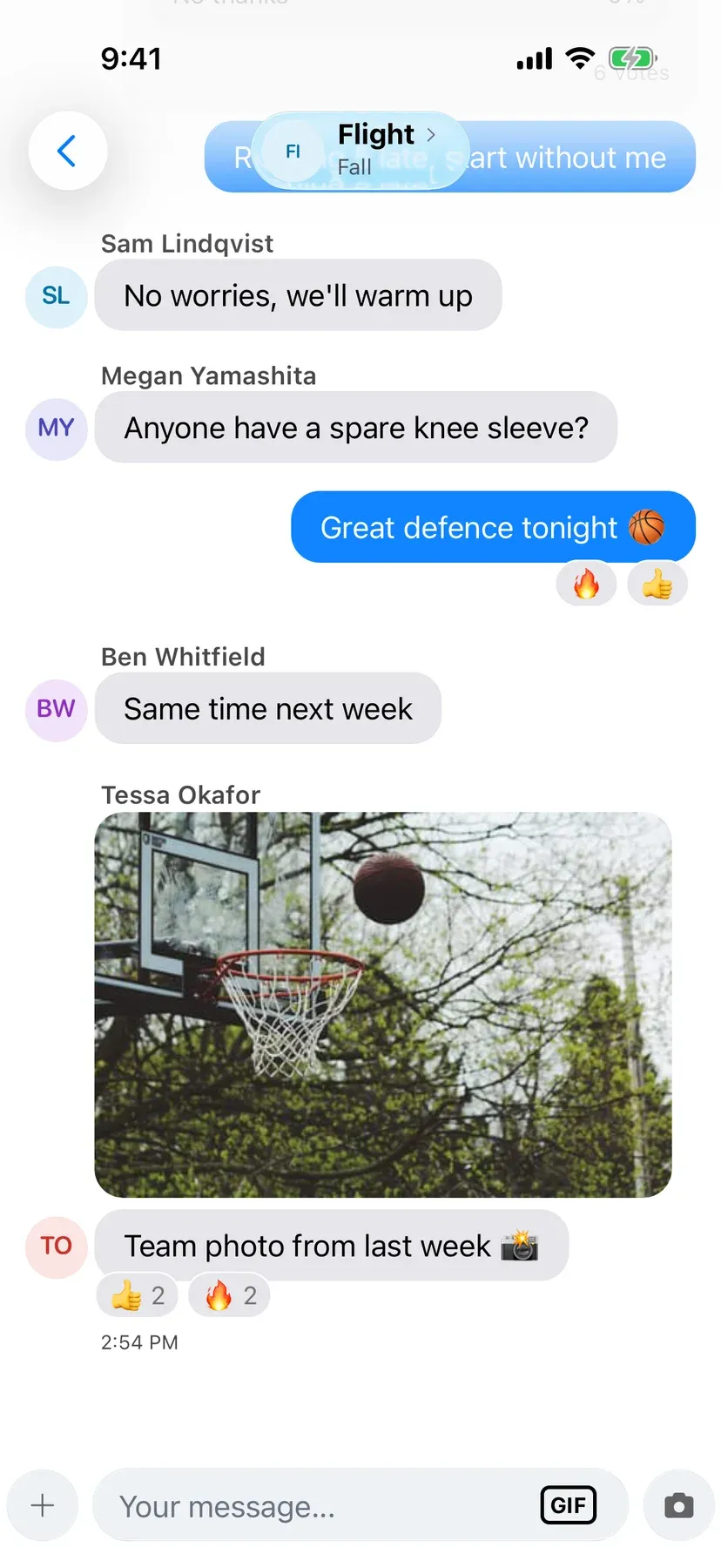 BenchApp team chat with shared photos and GIFs