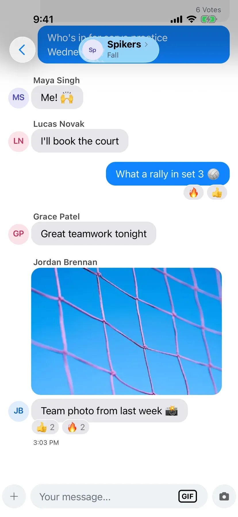 BenchApp team chat with shared photos and GIFs