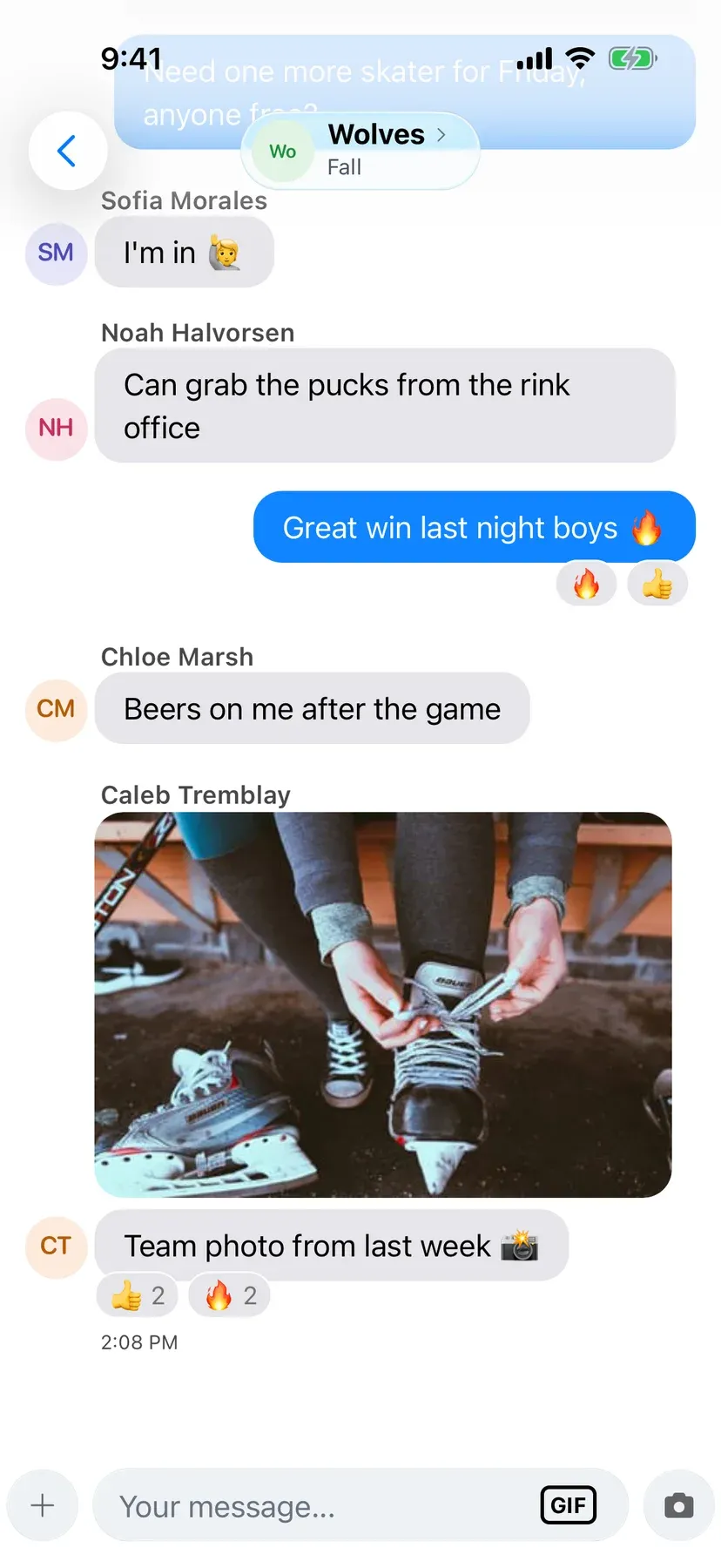 BenchApp team chat with shared photos and GIFs