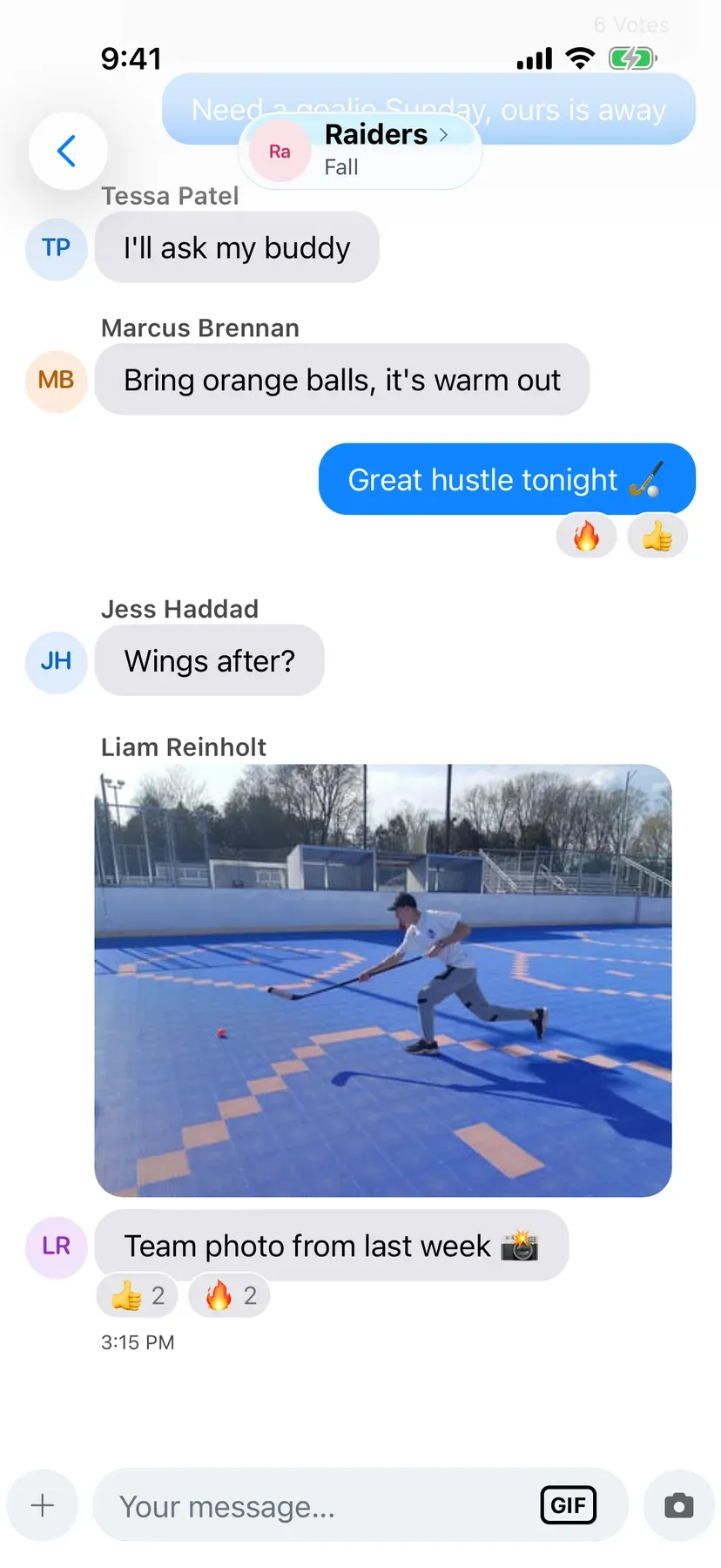 BenchApp team chat with shared photos and GIFs