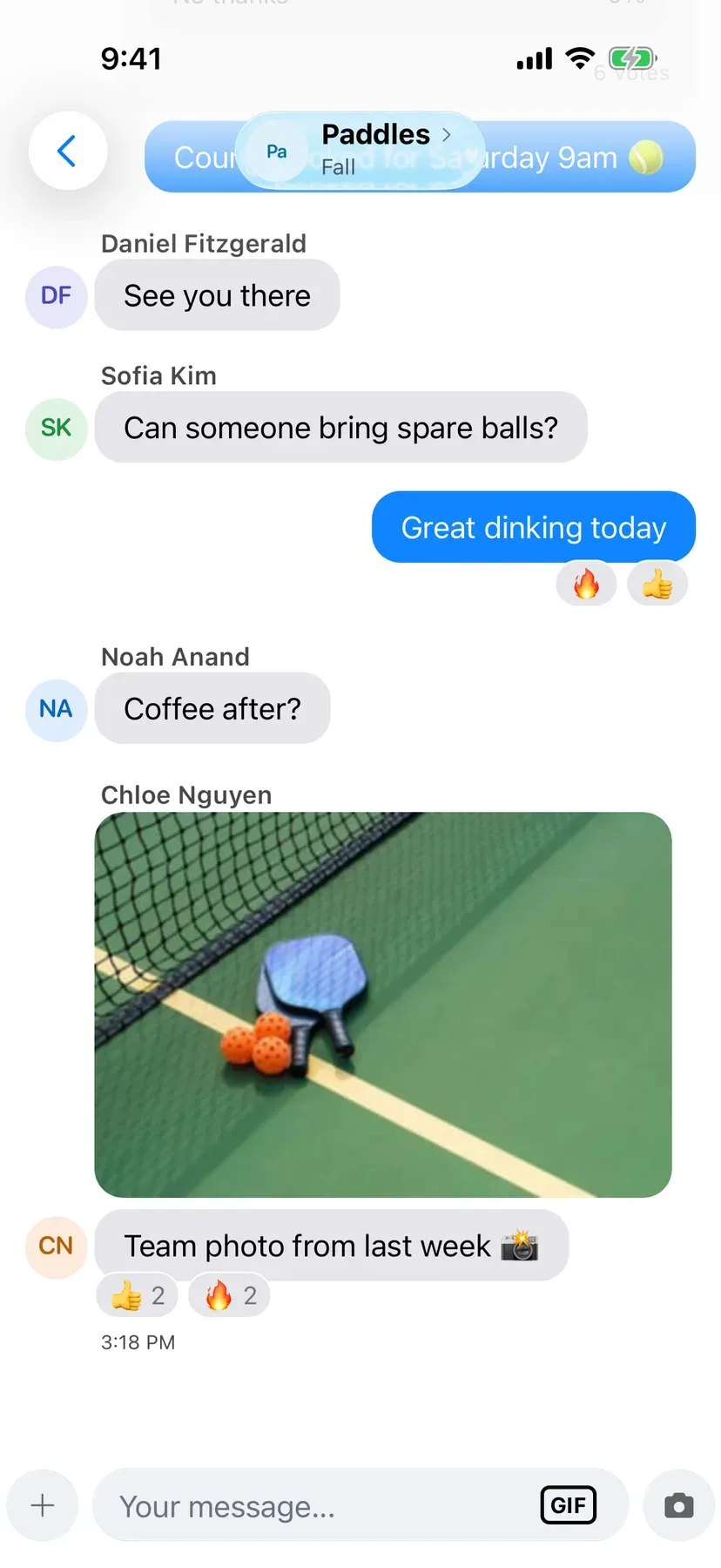 BenchApp team chat with shared photos and GIFs