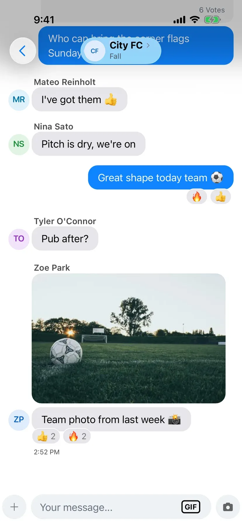 BenchApp team chat with shared photos and GIFs