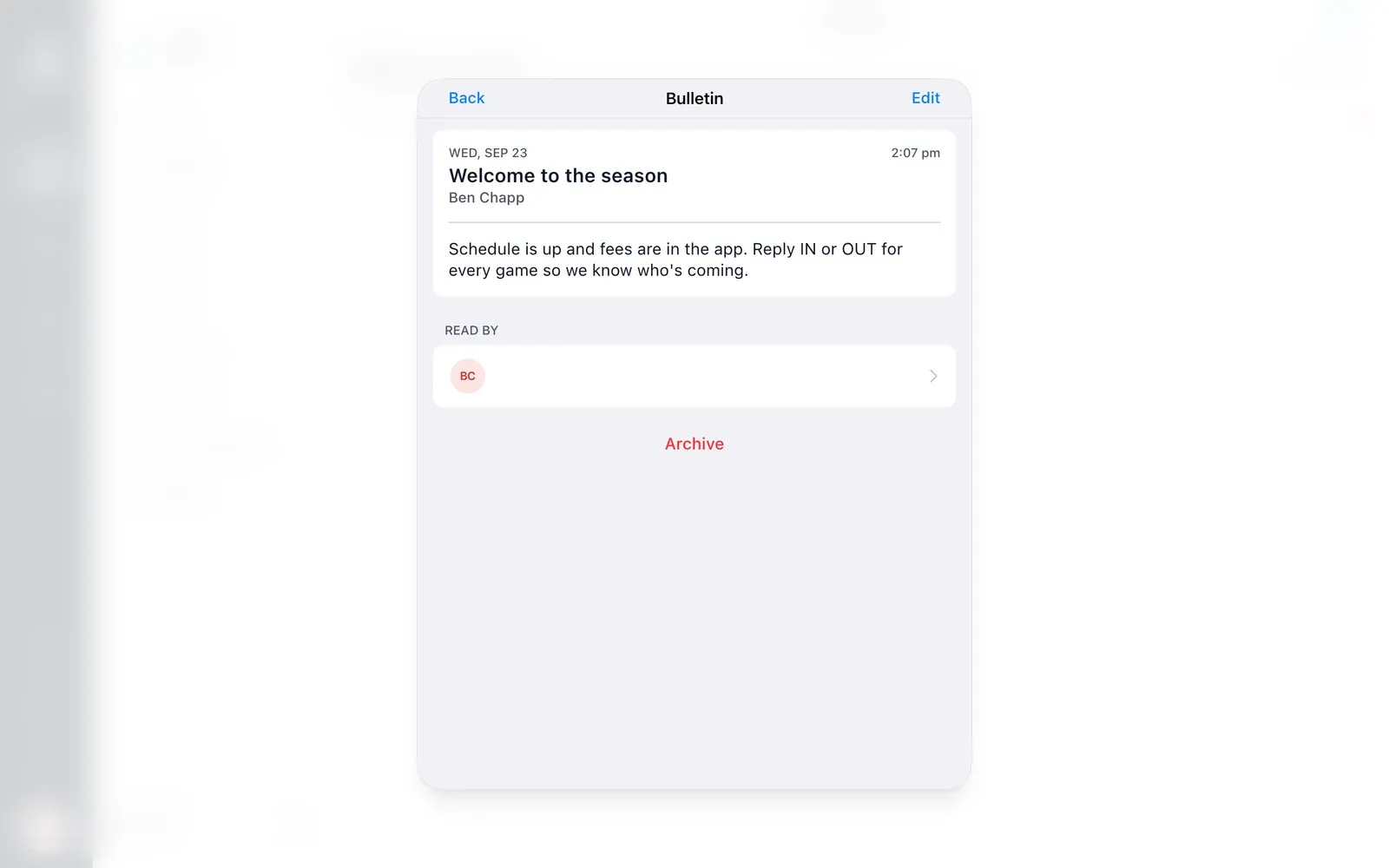 BenchApp on a computer: a team bulletin and who has read it