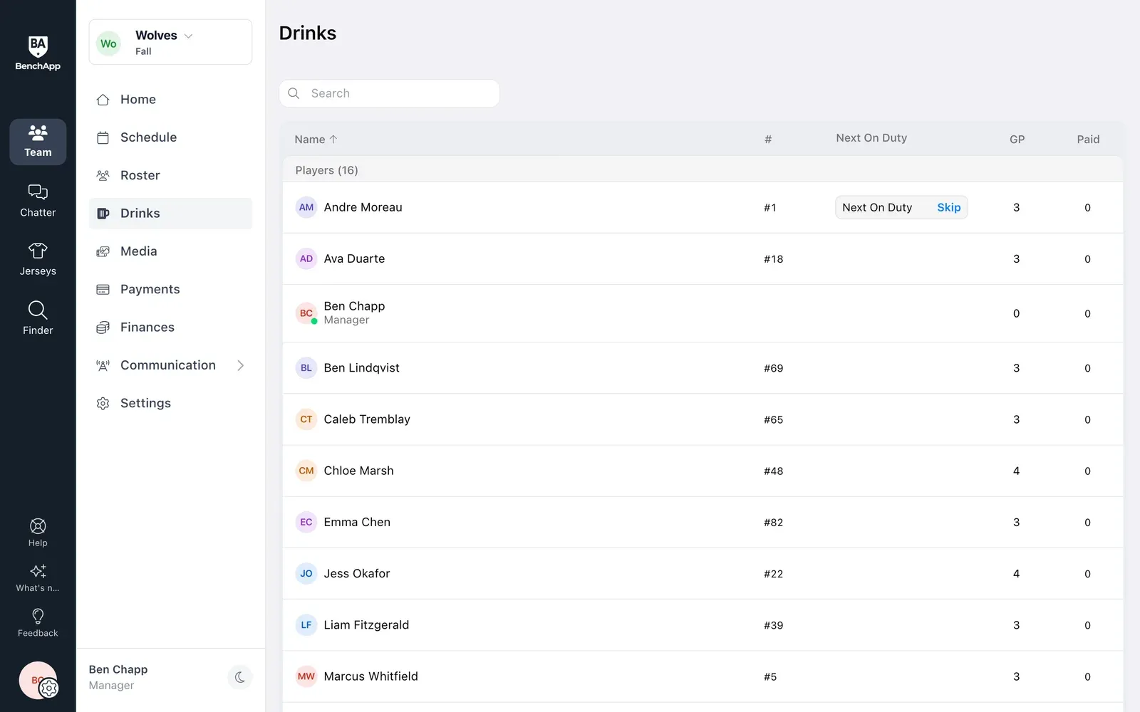 BenchApp on a computer: the drinks list with who's next and a Skip button