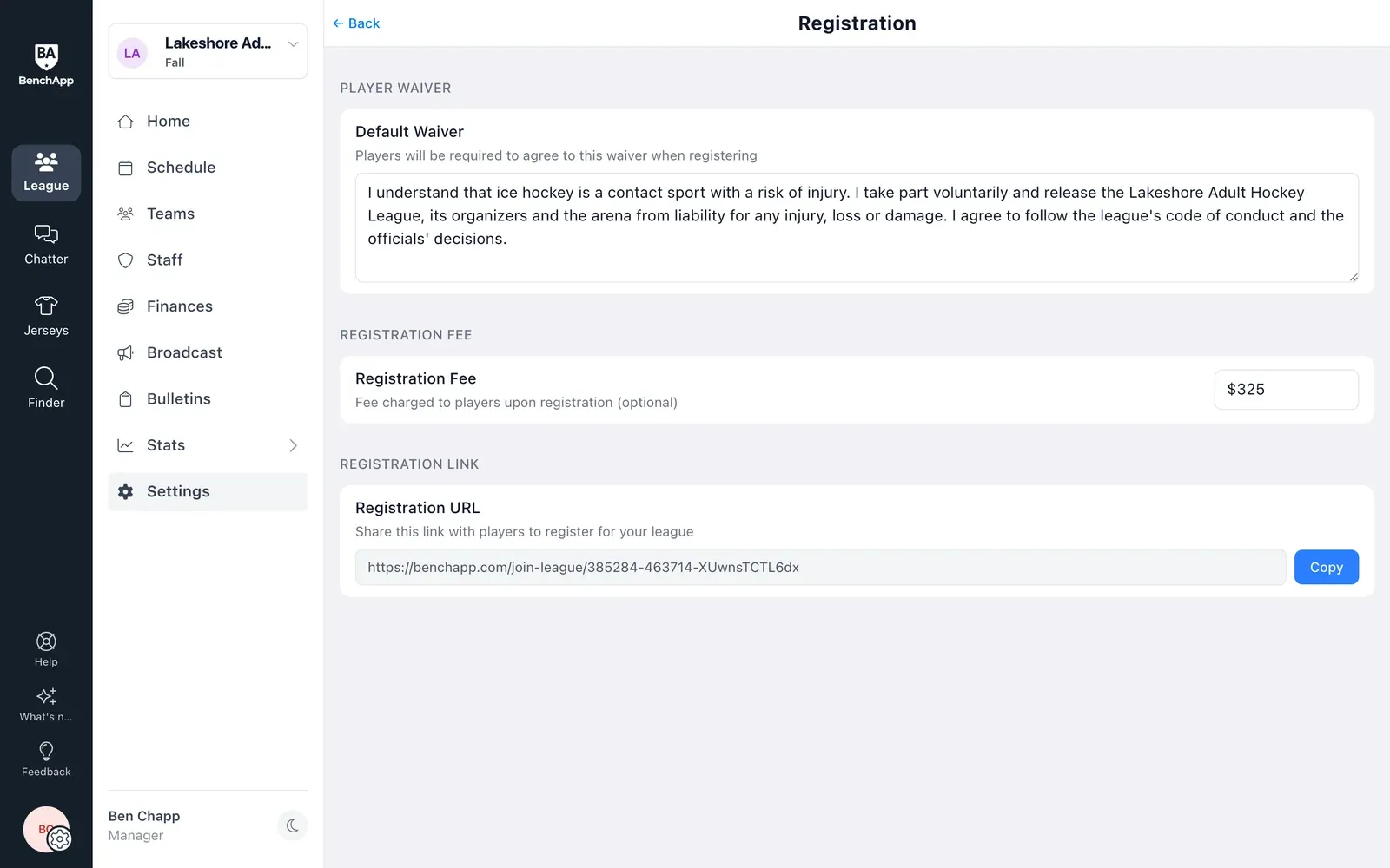 BenchApp on a computer: league registration settings with a waiver, a $325 fee and the registration link