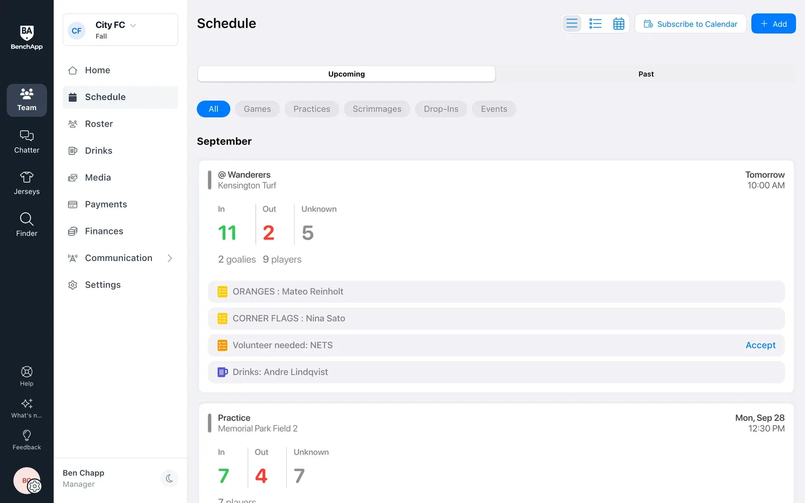 BenchApp on a computer: the team schedule with RSVP counts