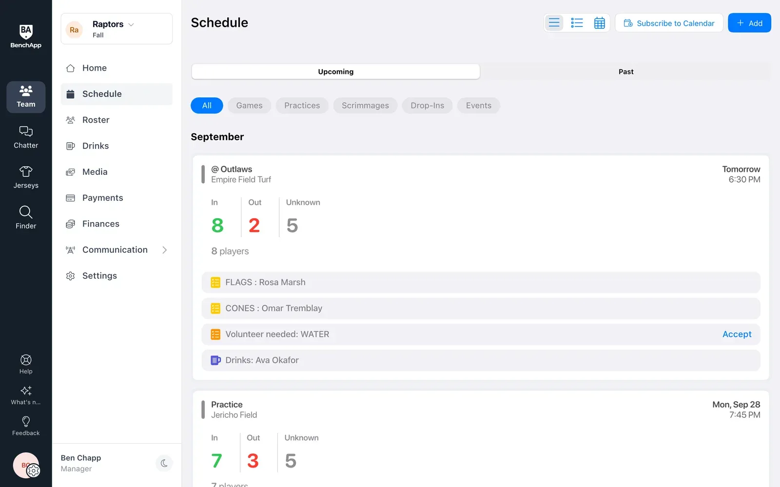BenchApp on a computer: the team schedule with RSVP counts