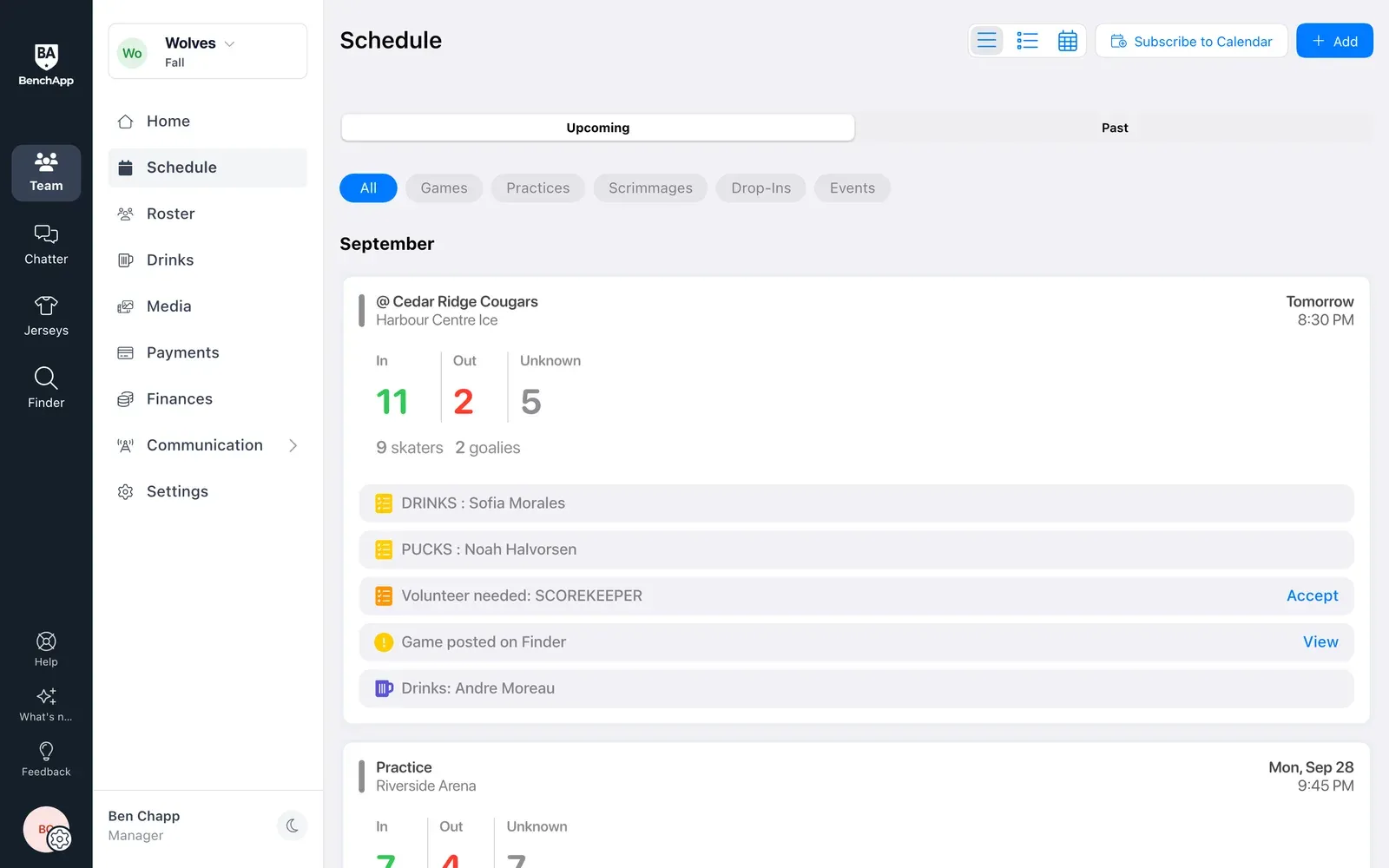 BenchApp on a computer: the team schedule with RSVP counts
