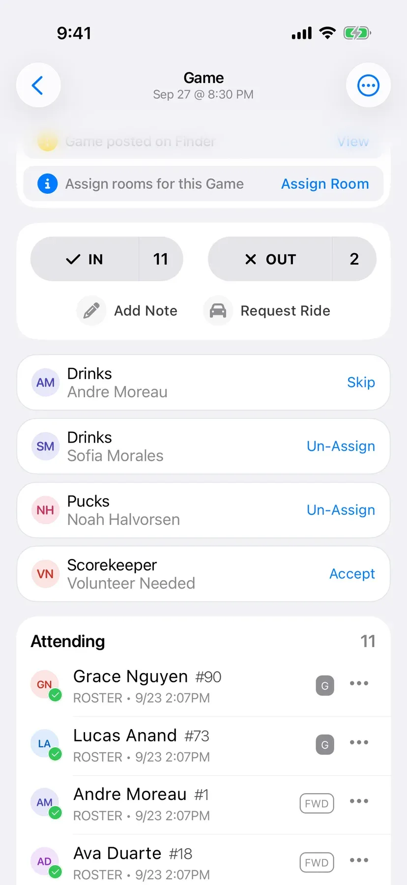 BenchApp duties screen with team jobs assigned to players