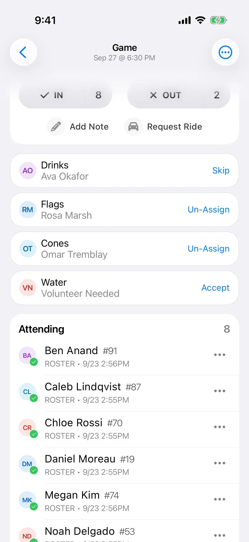 BenchApp duties screen with team jobs assigned to players
