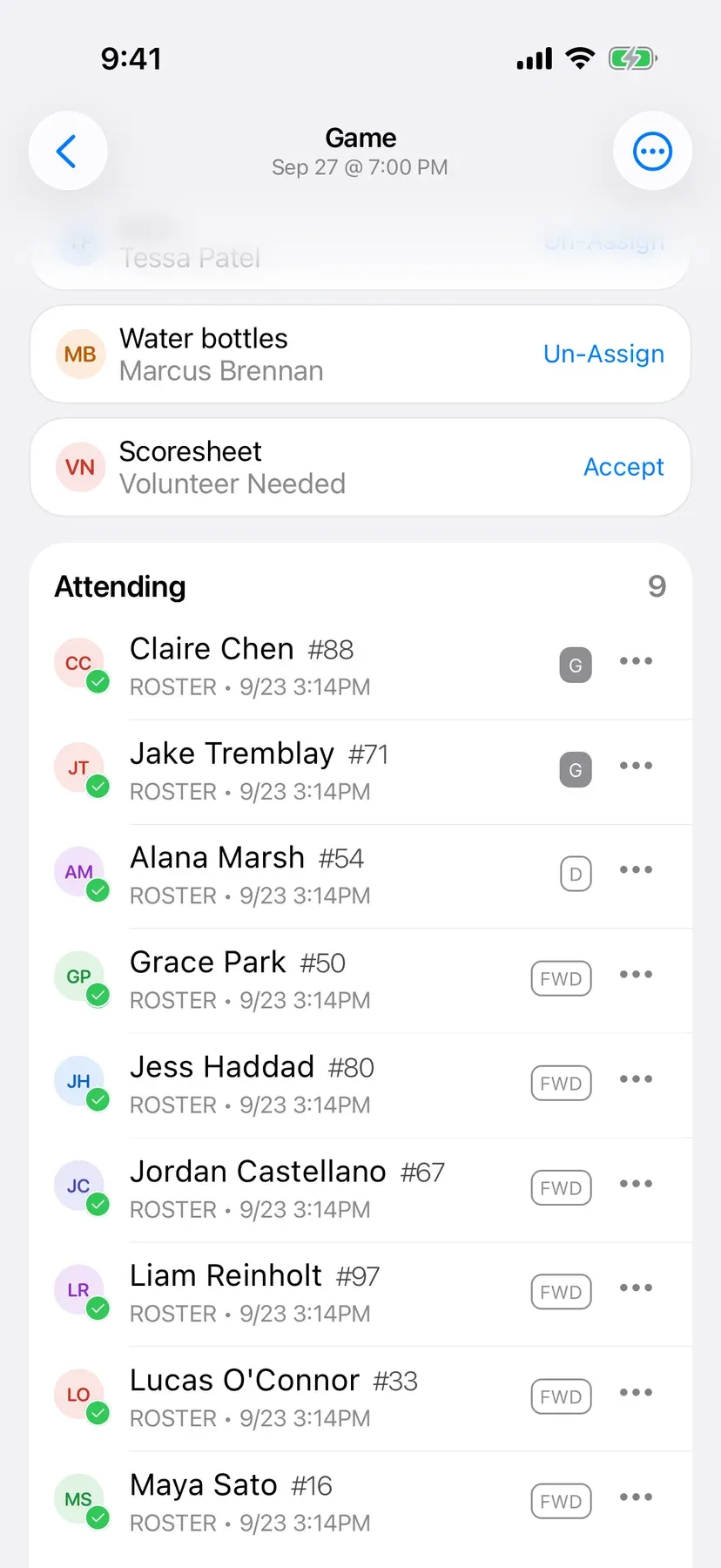 BenchApp game screen showing who is in, out, and yet to reply