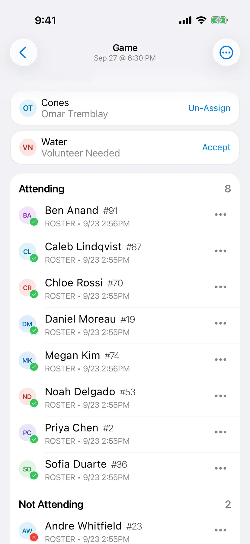 BenchApp game screen showing who is in, out, and yet to reply