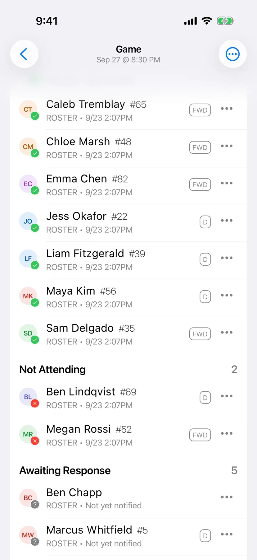 BenchApp game screen showing who is in, out, and yet to reply