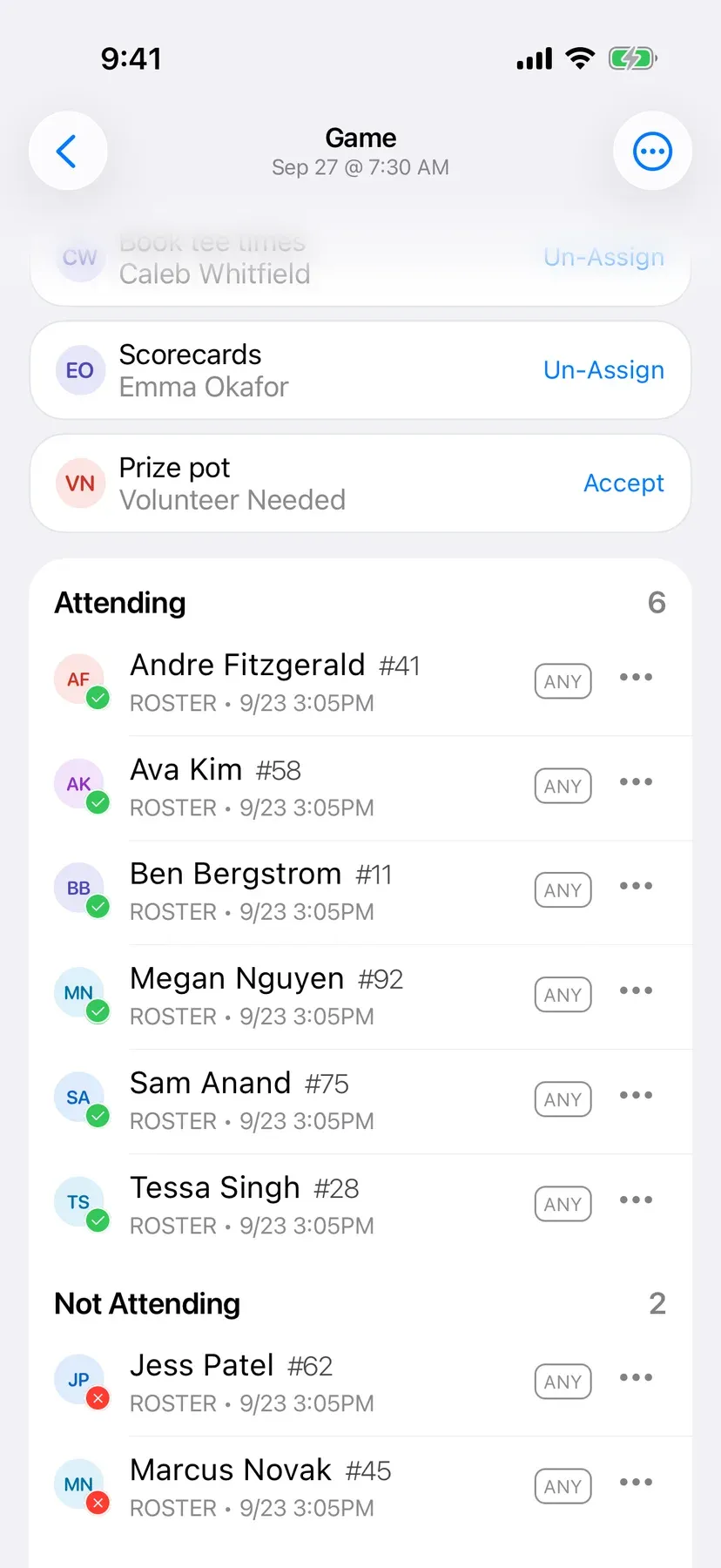 BenchApp game screen showing who is in, out, and yet to reply