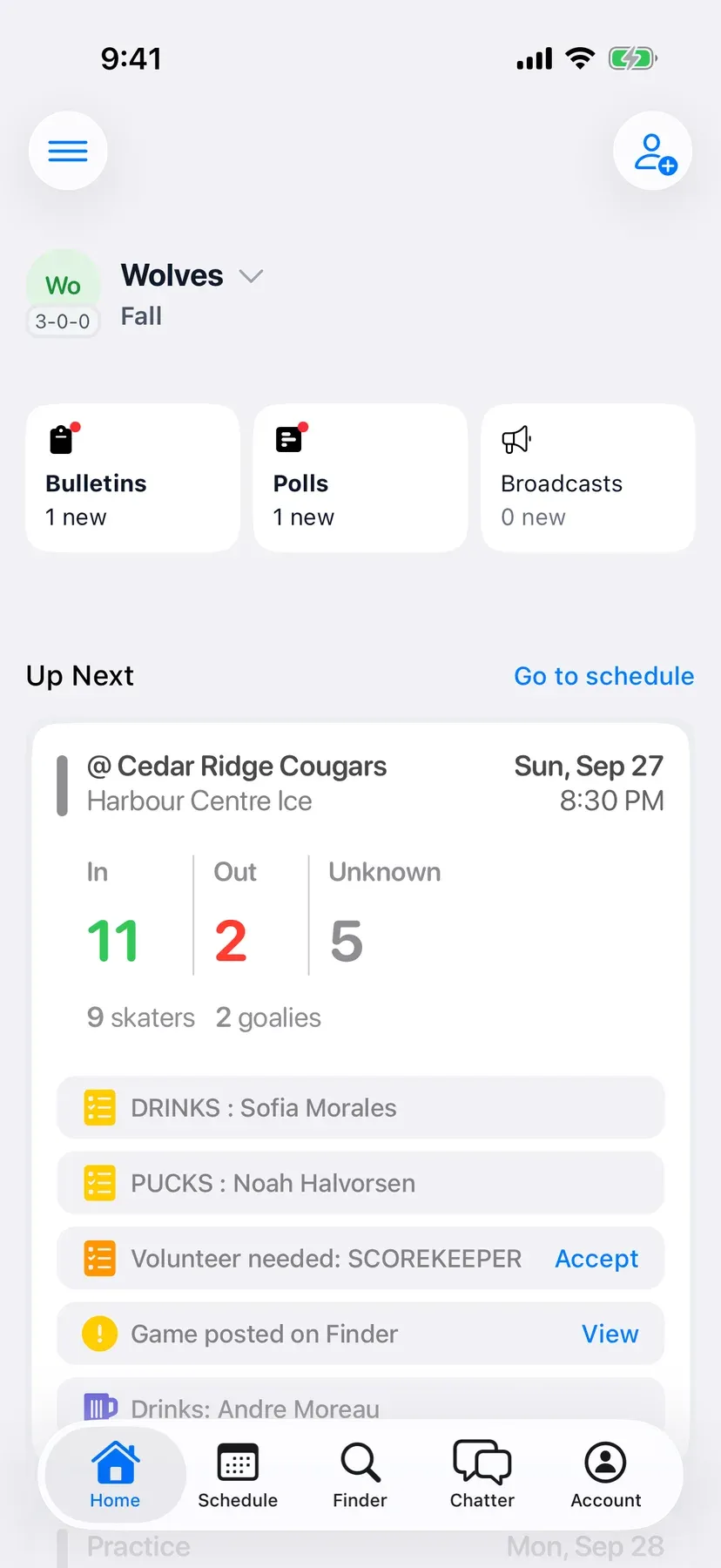 BenchApp team home screen with the next game and who's coming