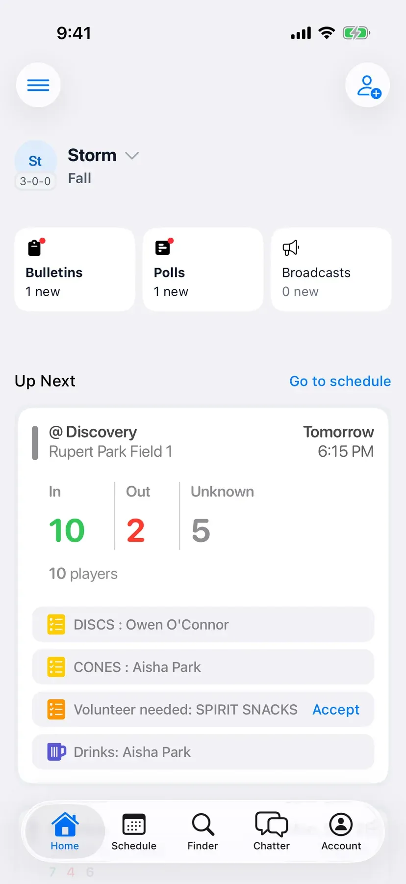 BenchApp team home screen with the next game and who's coming