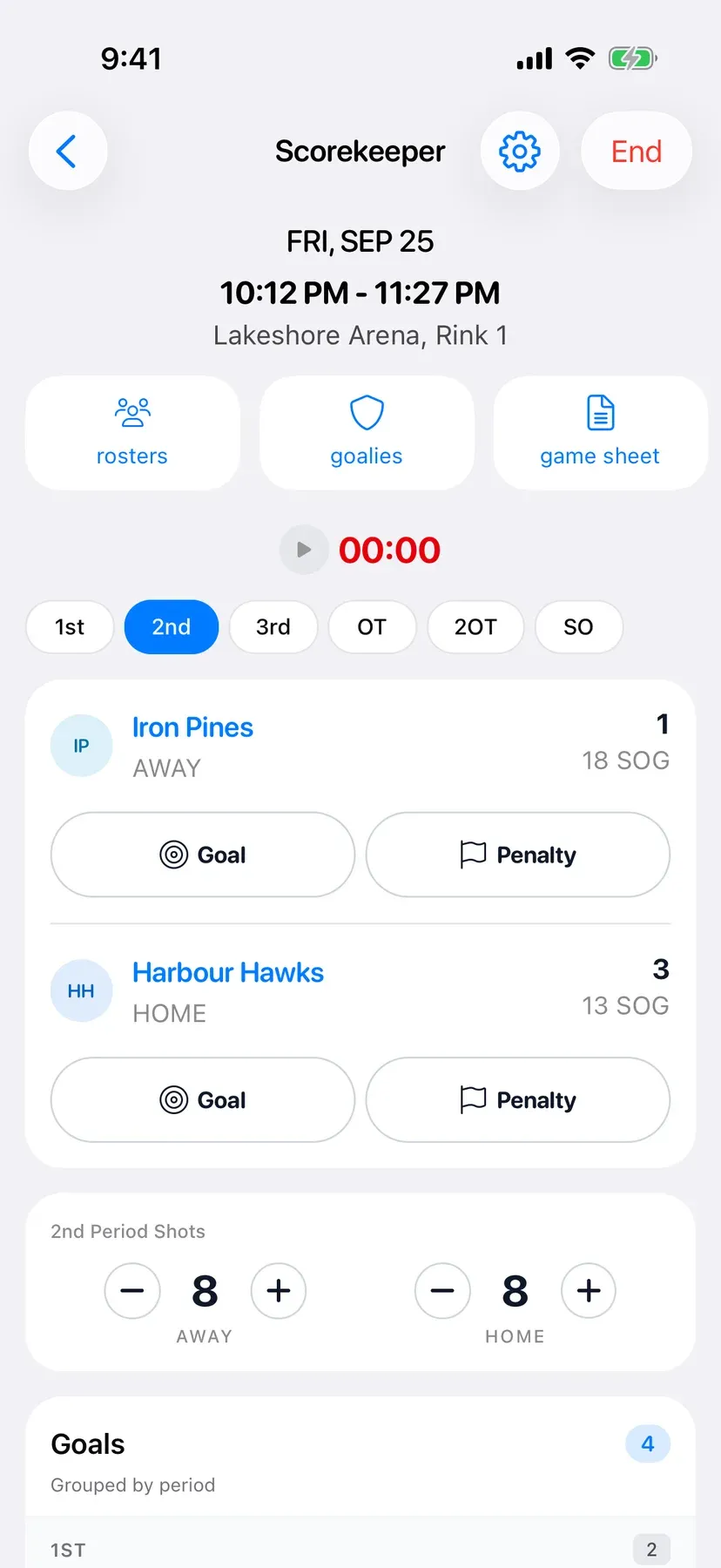 BenchApp on a phone: the Scorekeeper during a game