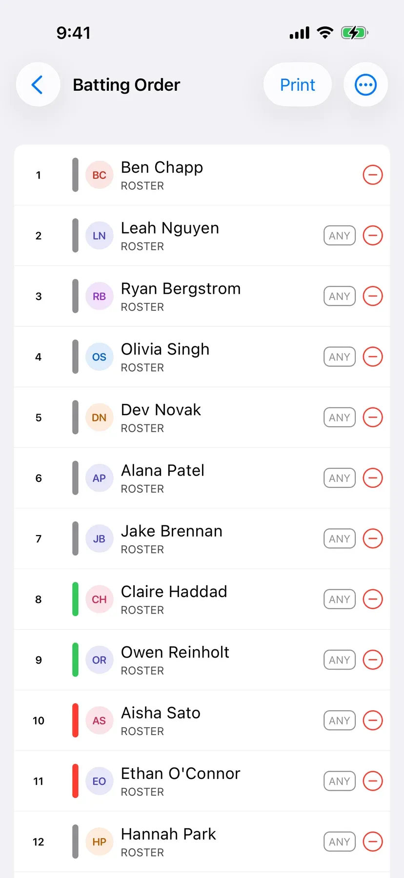 BenchApp on a phone: a baseball batting order for the next game