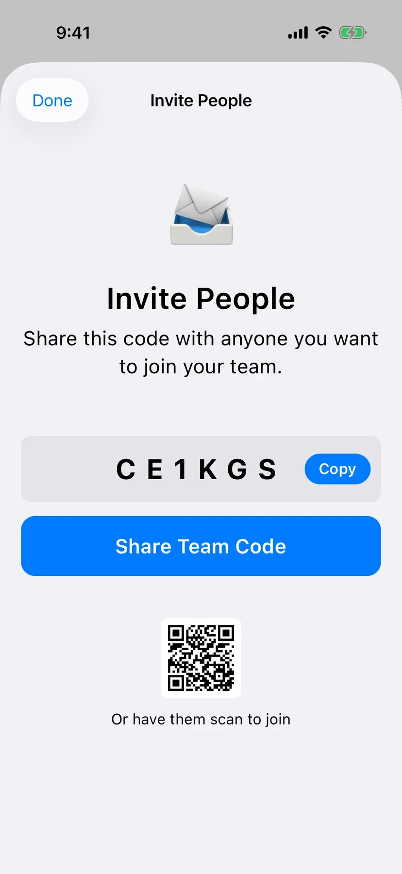 BenchApp on a phone: Invite People with the team code and a QR code