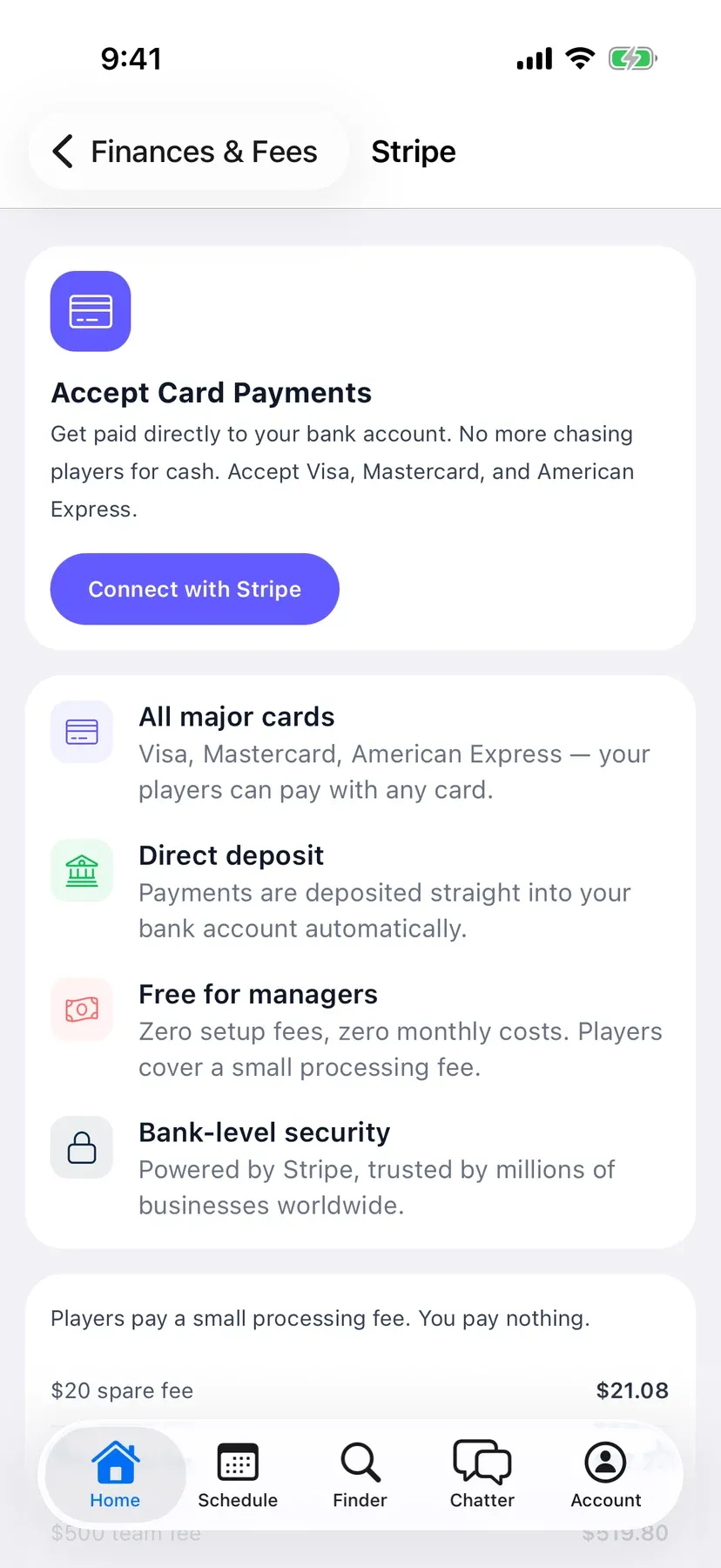 BenchApp on a phone: Accept Card Payments with the Connect with Stripe button