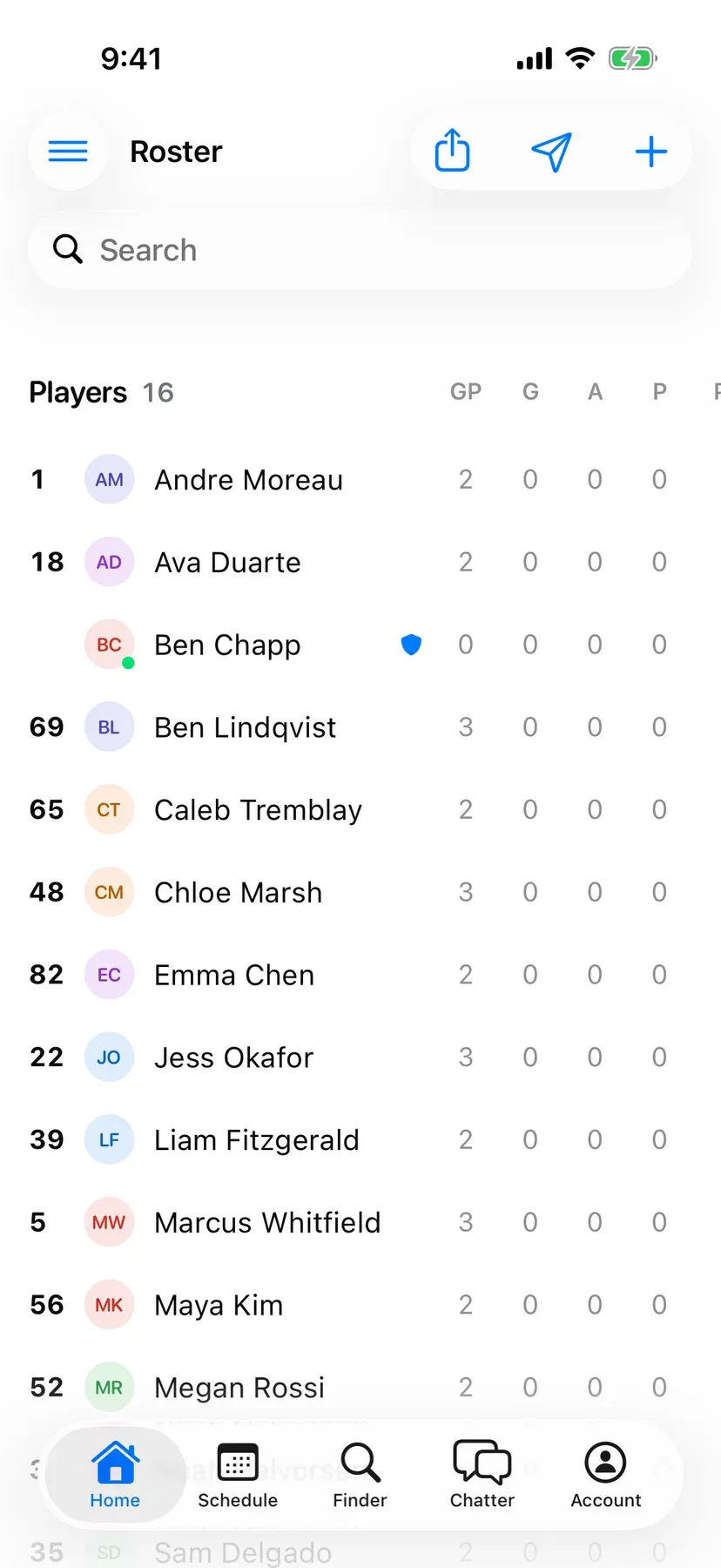 BenchApp roster screen listing the team's players