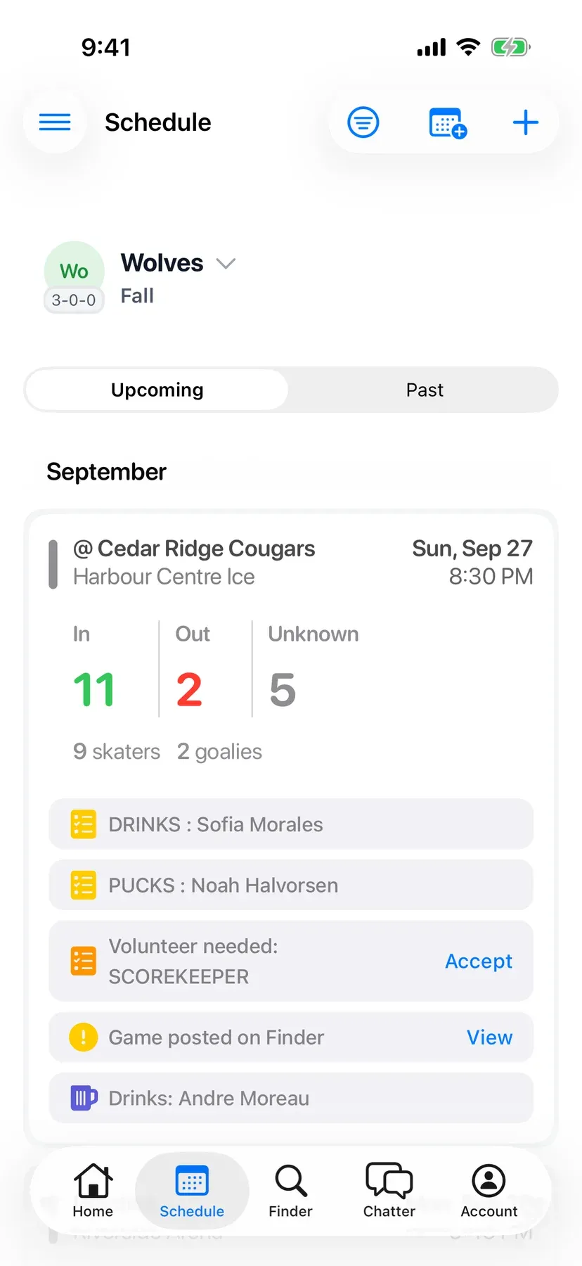 BenchApp schedule screen with upcoming games and RSVP counts