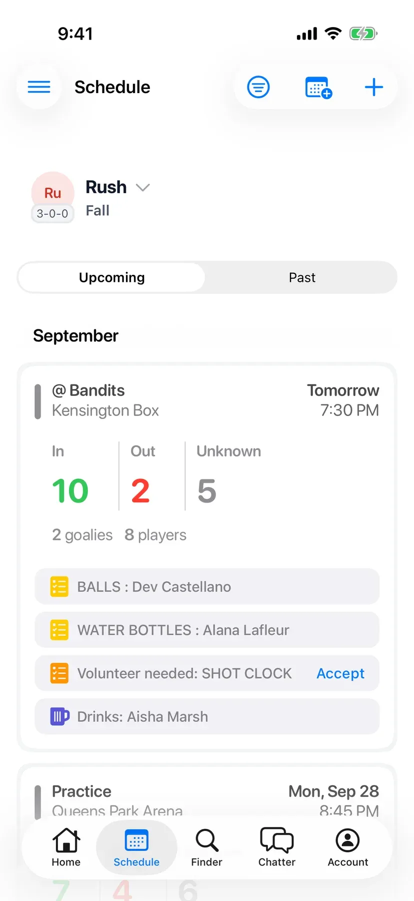 BenchApp schedule screen with upcoming games and RSVP counts