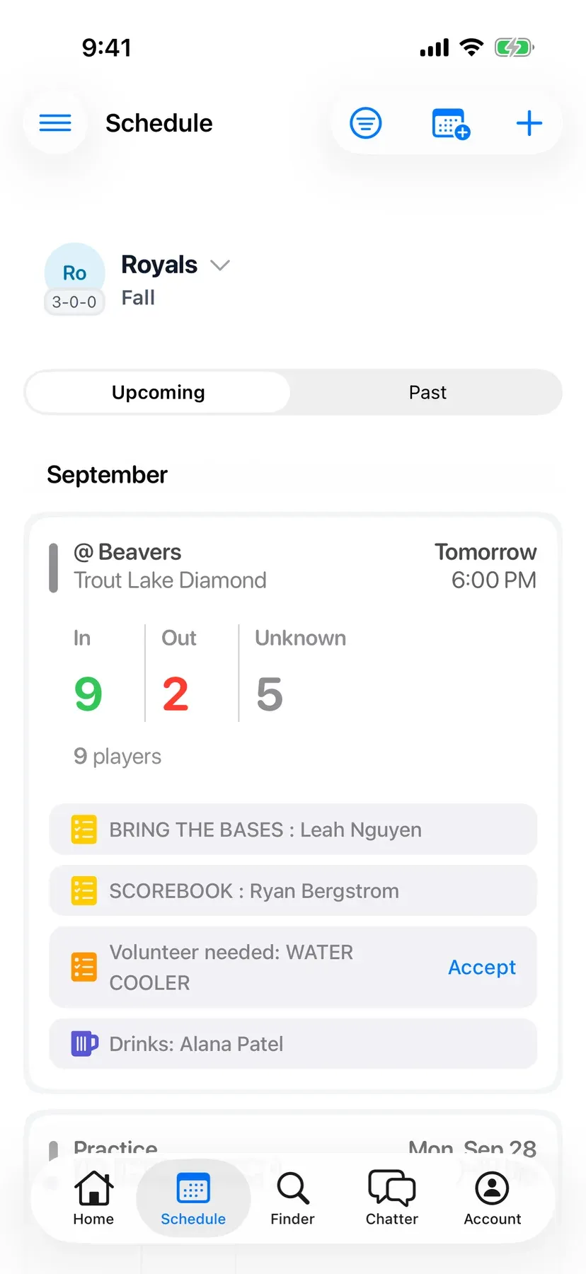 BenchApp schedule screen with upcoming games and RSVP counts