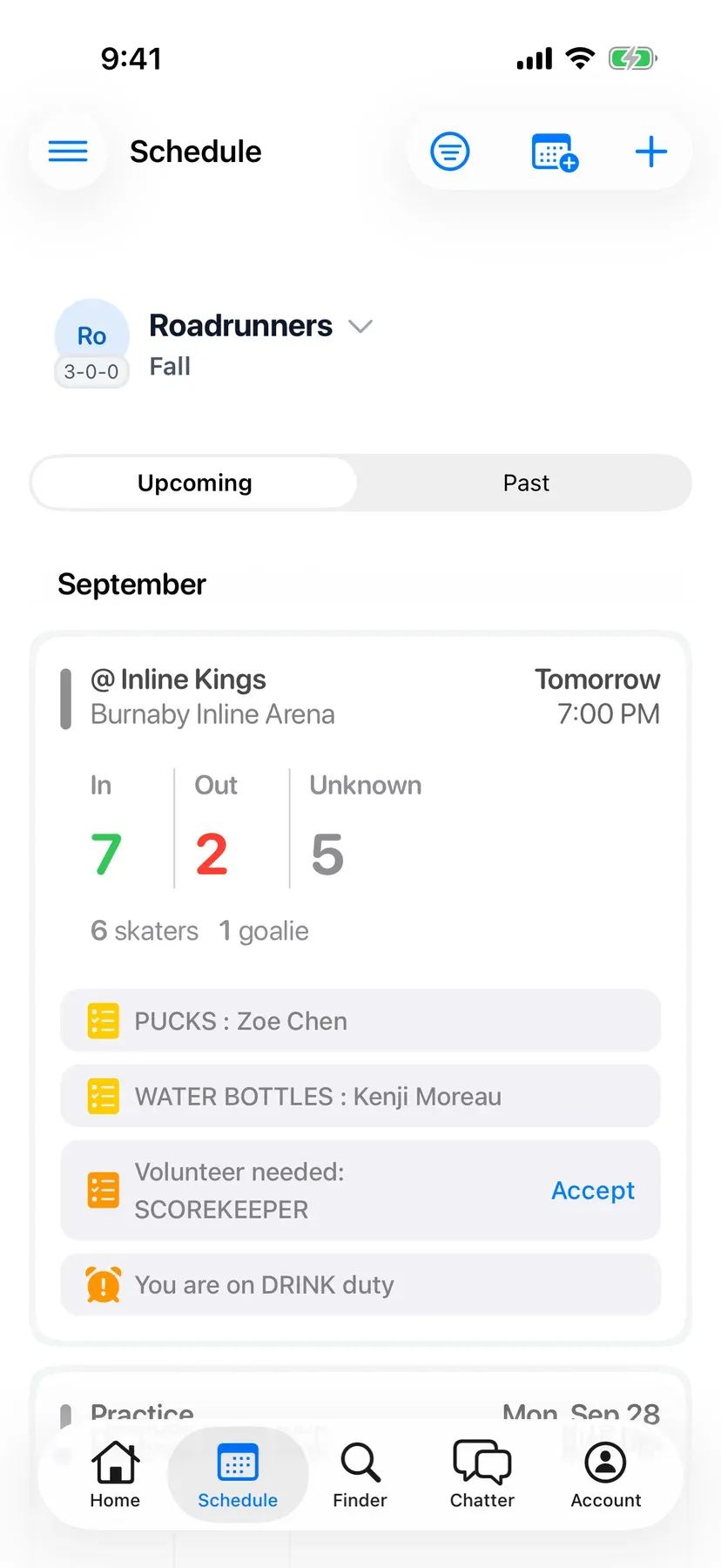 BenchApp schedule screen with upcoming games and RSVP counts
